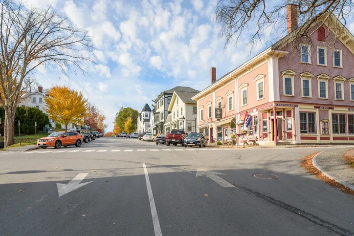 A Southern Maine main street on a bright autumn day