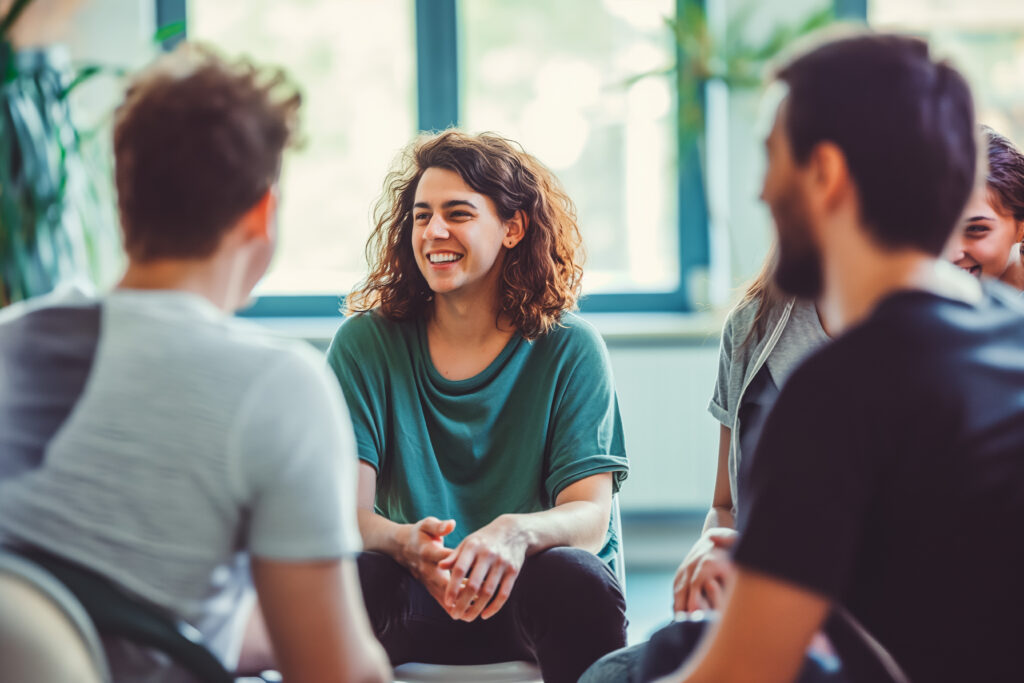 People support each other in a rehab session. People communicating with each other sitting in circle in group therapy session.