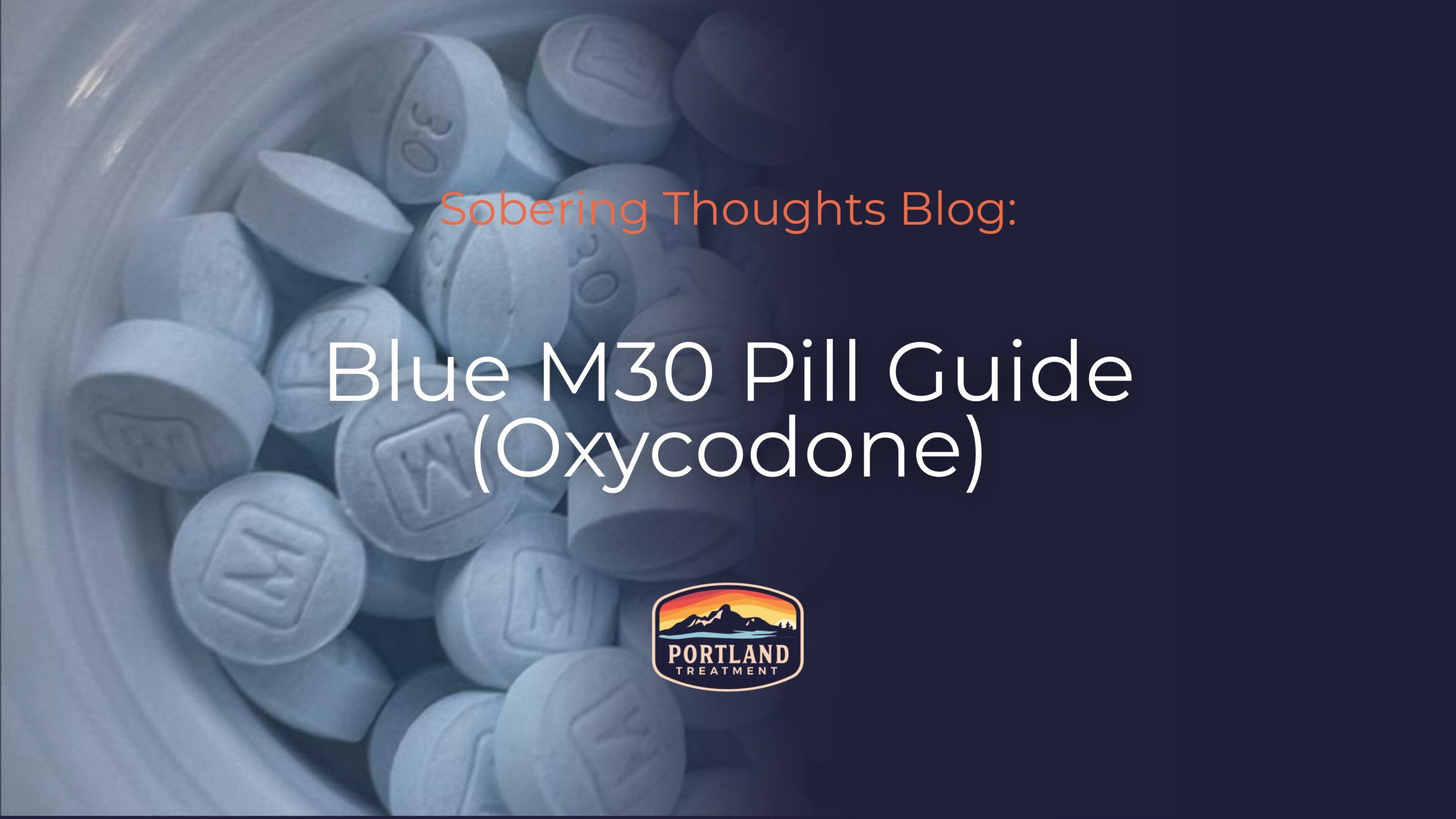 M30 Pill blue round oxycodone 30 mg with image of bottle of m30 oxycodone on the left side of image zoomed in
