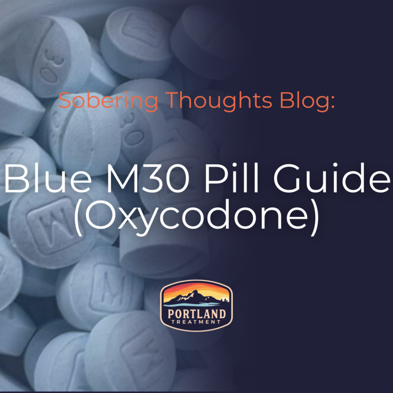 M30 Pill blue round oxycodone 30 mg with image of bottle of m30 oxycodone on the left side of image zoomed in